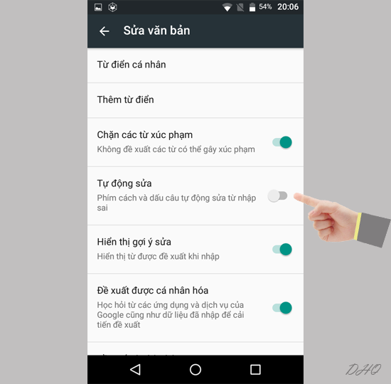 Chọn tắt tự động sửa